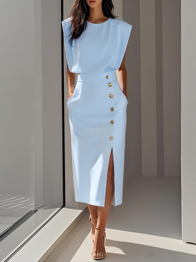 Genevieve | Solid Midi Dress with Button Slit and Round Neckline