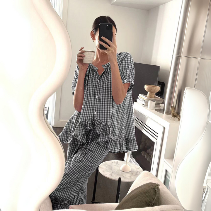 Stine | Casual Set with Checkered Top with Puff Sleeves and Pants