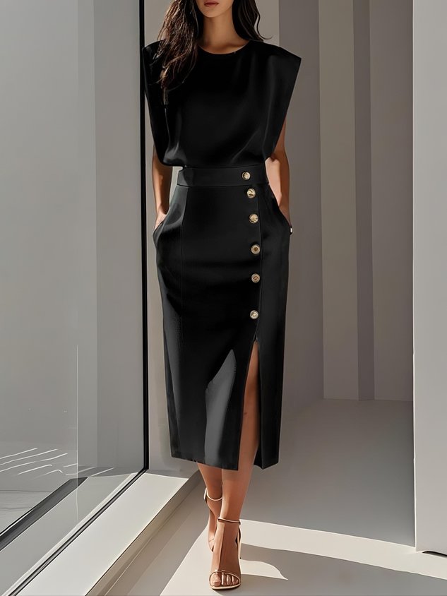 Genevieve | Solid Midi Dress with Button Slit and Round Neckline