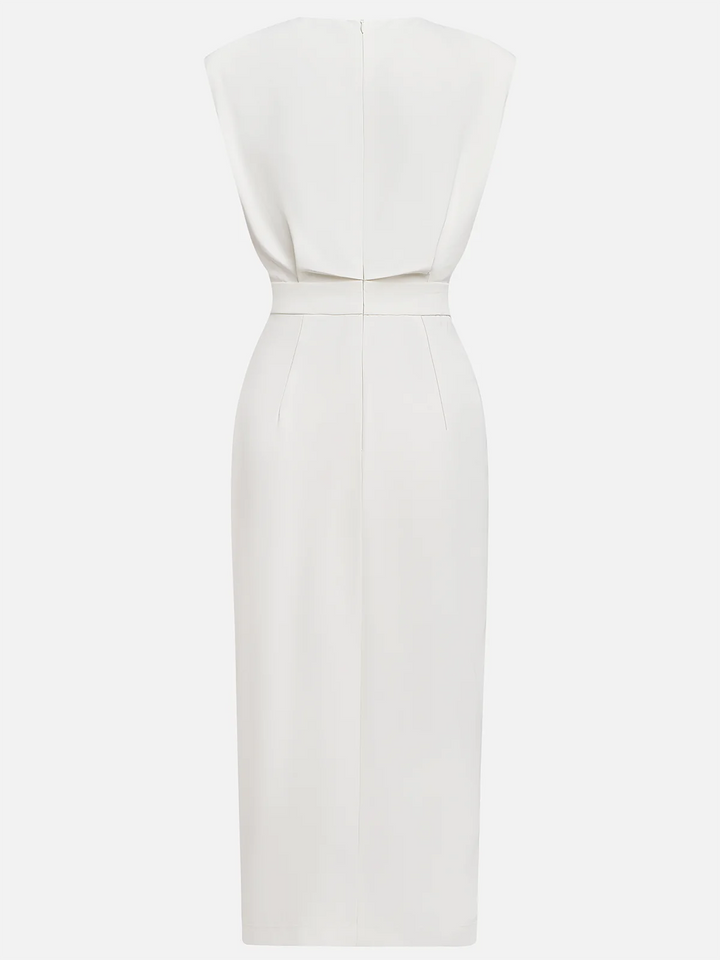 Genevieve | Solid Midi Dress with Button Slit and Round Neckline