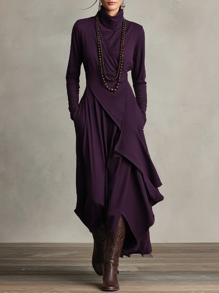 Elysian | Asymmetrical Pleated Maxi Dress with Turtleneck