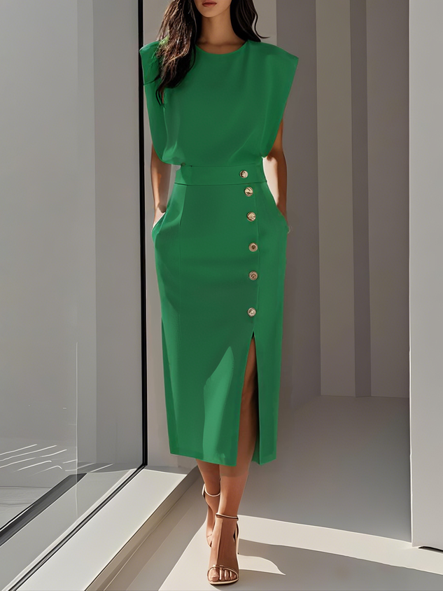 Genevieve | Solid Midi Dress with Button Slit and Round Neckline