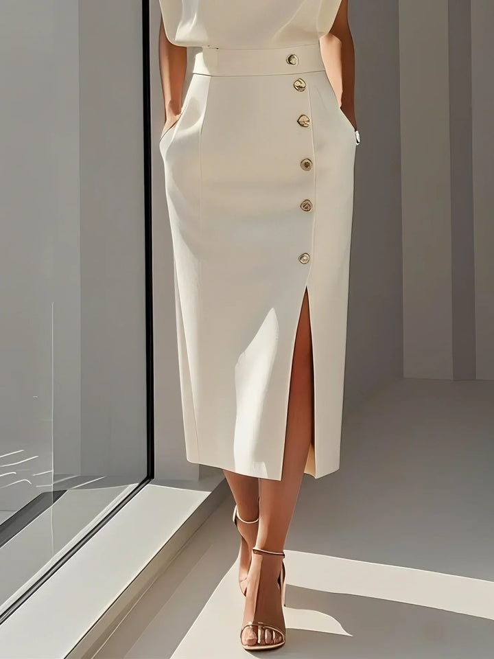 Genevieve | Solid Midi Dress with Button Slit and Round Neckline