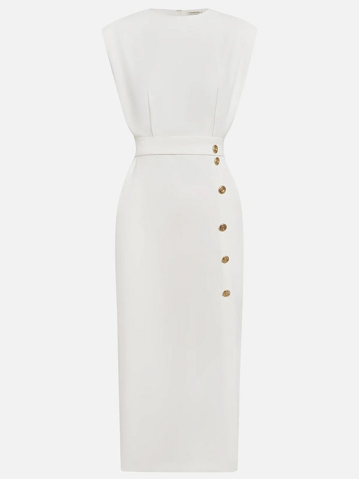 Genevieve | Solid Midi Dress with Button Slit and Round Neckline